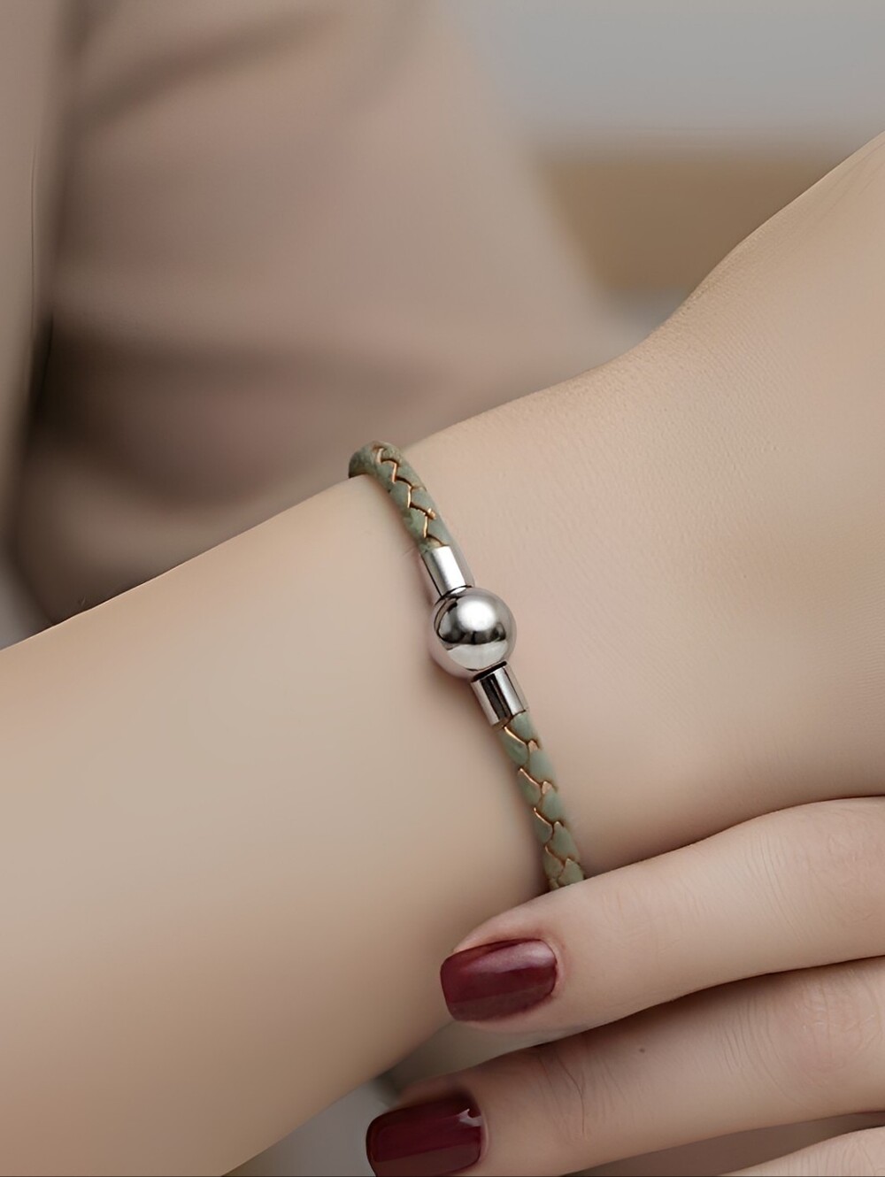 Linx Army Green Leather Braided Cord Charm Bracelet with Magnetic Clasp